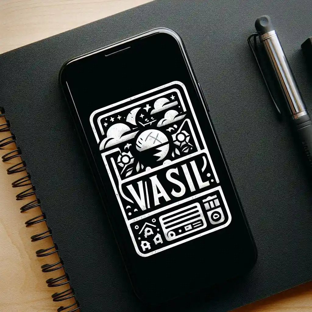 a picture on the mobile phone and the name vasil, pen and diary in background